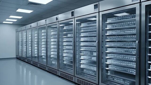 Laboratory Refrigerator Interior Full of Glass Vials in a Clean White Lab Room Research and Medical Uses Storage
