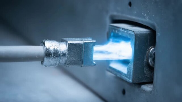 Ethernet cable plugged into metal port with blue glowing data light close up of connector and jack conveying technology energy and network connection, plug connector emitting blue light into metal