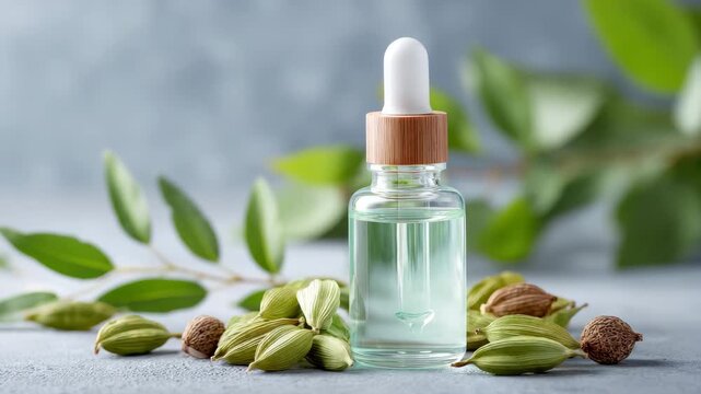 Glass dropper bottle of clear essential oil and green facial serum glass bottle with wooden cap table surrounded by cardamom pods and leaves, botanical natural aroma and herbal wellness dropper