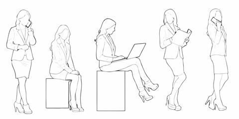 Obraz premium Line art illustration of women in business attire engaging in various poses