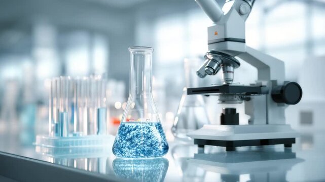 Erlenmeyer flask bubbling blue liquid on lab bench with microscope and test tube rack laboratory glassware, beaker, conical flask and microscope in clinical chemistry science research scene