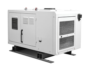 Fototapeta premium White diesel generator slightly tilted to show side and front panels, highlighting transparent background 