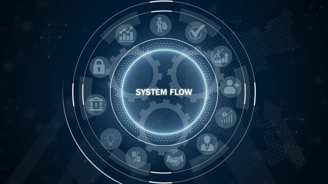 Digital circular infographic diagram illustrating system flow with interconnected representing business processes finance and security on a dark blue background