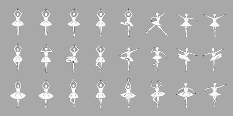 A collection of simple white line drawings depicting ballet dancers in various poses © Bijoy