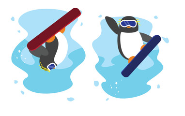 Snowboarding Penguin Jumping Cartoon Character Winter Sport Set