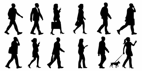Silhouettes of people walking in various poses and business attire