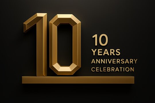 A gold 10 year anniversary celebration graphic on a black background