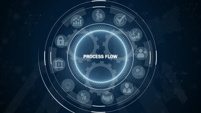 Futuristic circular infographic diagram representing process flow with glowing for business operations and management on a dark blue digital backdrop