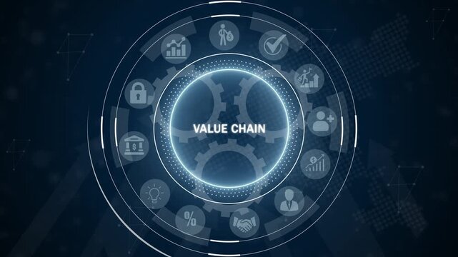 Circular digital interface displaying VALUECHAIN in the center, surrounded by glowing gears and related to business processes, finance, and supply chain on a dark blue abstract