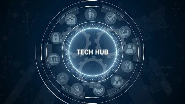 Futuristic digital circular interface with glowing neon blue accents displaying TECHUB' in the center surrounded by business and technology on a dark blue abstract background with