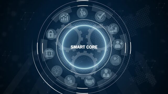 Digital circular infographic with glowing neon blue interface displaying SMARTCORE' in the center surrounded by business and technology on a dark blue abstract background with