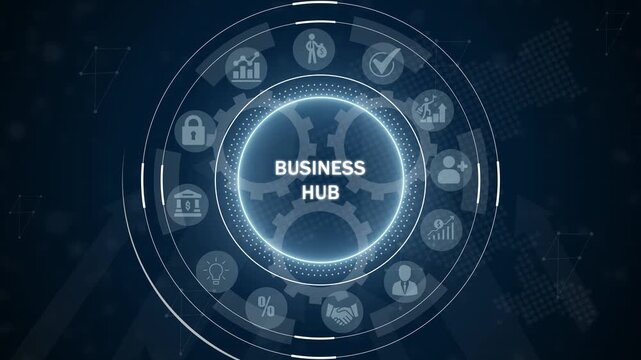 Digital circular infographic with glowing neon blue interface displaying BUSINESHUB' in the center surrounded by business and technology on a dark blue abstract background with