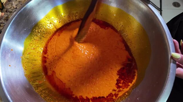 Mixing onoto oil with corn flour for hallacas dough preparation
