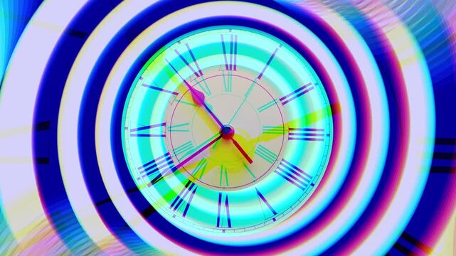 Psychedelic clock chroma colors, passage of time lapsing with hypnotic patterns clock with roman numerals.
