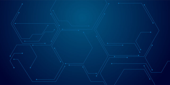 Circuit board. Abstract technology background with text. Tech bg in electric blue. Big data and AI chip concept.  Digital banner in navy blue. Futuristic computer pattern. Vector illustration top view