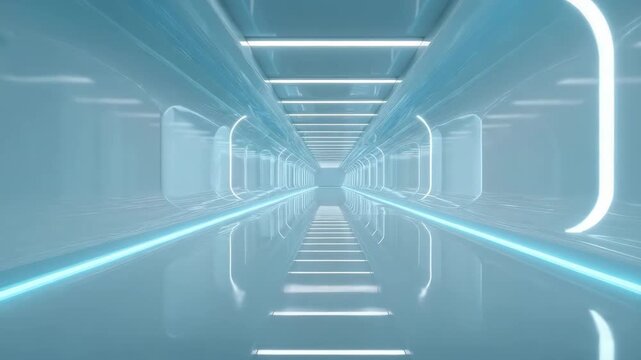 Futuristic glossy corridor with reflective floor and soft blue LED lighting creating serene depth and symmetry modern tunnel interior evoking technology and minimalism futuristic sci fi corridor