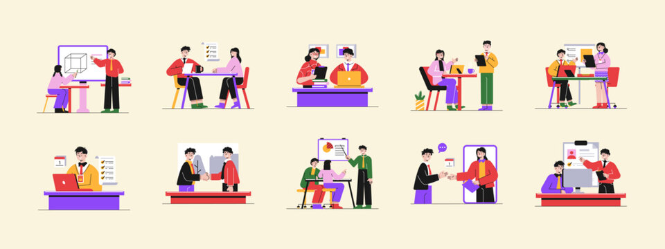 Set of 10 internship illustrations. Flat vector concepts.
