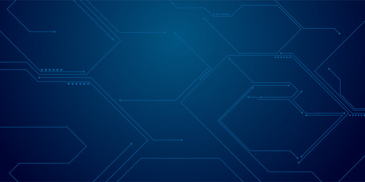 Circuit board. Abstract technology background with text. Tech bg in electric blue. Big data and AI chip concept.  Digital banner in navy blue. Futuristic computer pattern. Vector illustration top view