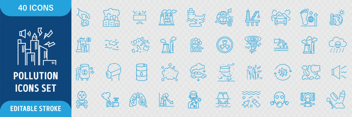 Fototapeta premium Pollution Editable Icons Set. Contains air pollution, water pollution, microplastics, trash, gas, toxic elements, industrial waste, climate change symbols, and ecological and more. editable eps