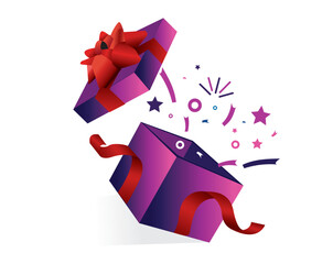 Colorful gift box, birthday present illustrations, festive holiday packaging, wrapped boxes with ribbons, celebration ilustration, vector flat design.