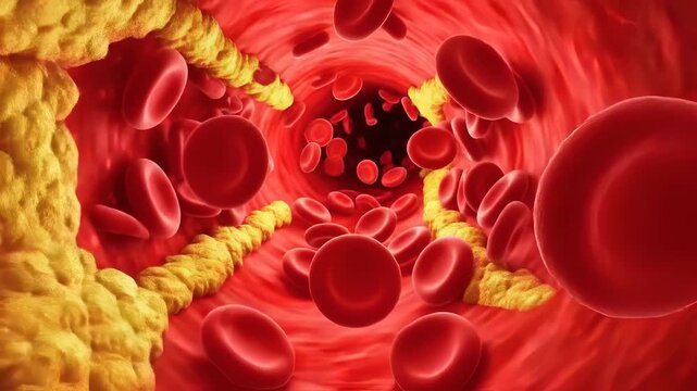 Close up view of red blood cells and plaque buildup within a narrow