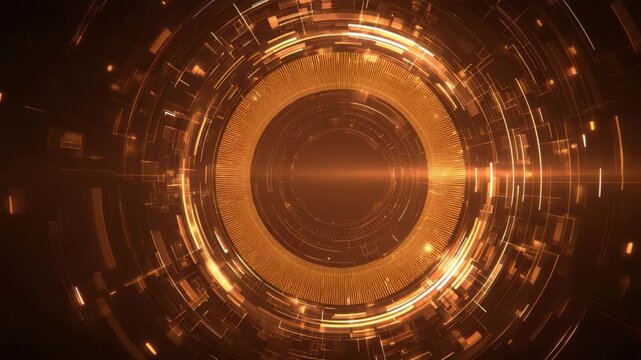 Golden circular digital interface with glowing circuit elements, circular ring of concentric radial light rings and glowing orange technology circuit pattern conveying futuristic technology