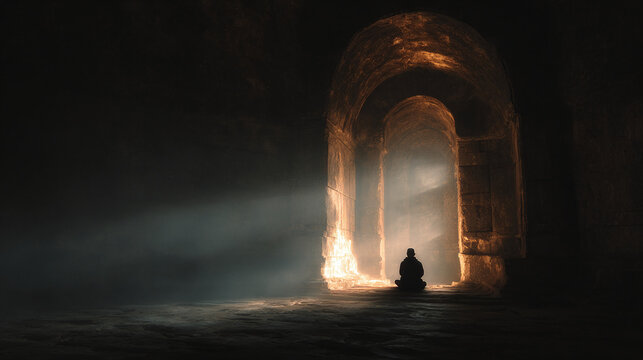 A contemplative figure sits in a dimly lit, arched passageway, bathed in a single ray of light