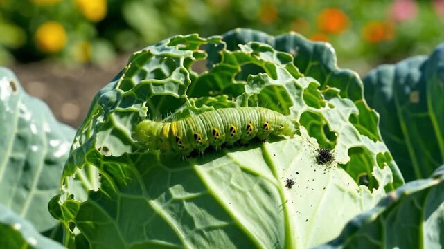 Green caterpillar eating holes in a damaged cabbage leaf in a garden