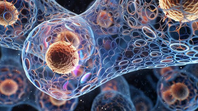 Cellular health and longevity visualization, macro view of healthy cells interacting in balance, modern biomedical aesthetic, neutral color palette, calm informative mood, suitable for commercial 