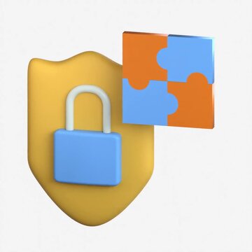 3D representation of a security shield with a blue lock next to interlocking orange and blue puzzle pieces