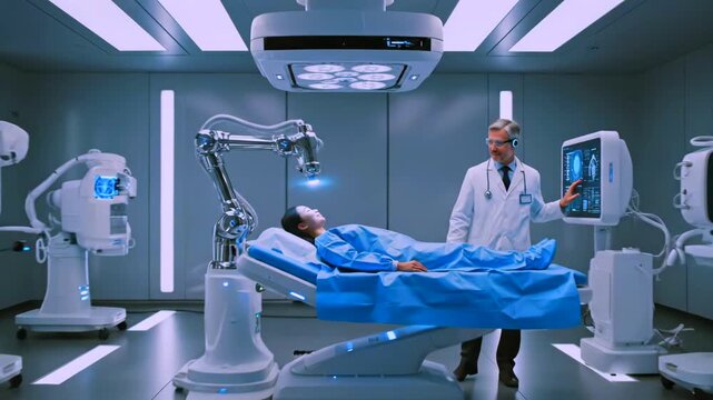 robotic arm performing precision operation on patient under surgeon supervision, holographic monitors display vitals and imaging, sterile theater with advanced automation and surgical