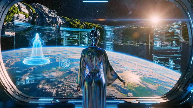 android commander overlooking earth from window, gesturing at holographic interface aboard orbital station, sunrise light bathing curved viewport, mission control vibe, serene cosmos