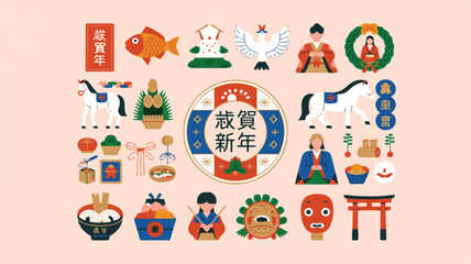 Fototapeta premium Japanese New Year Decorative Elements Collection