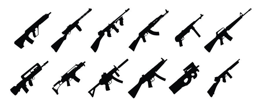 collection of assault rifle silhouettes on white background 