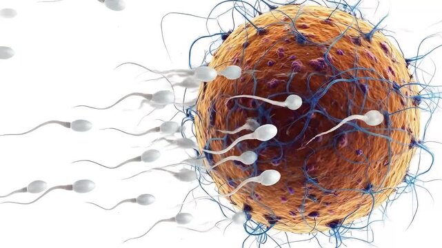 Microscopic View Of Sperm Cells Approaching An Egg Cell For