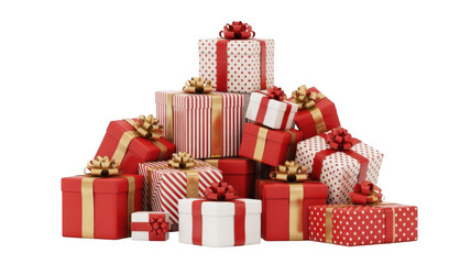Obraz premium Stack of wrapped Christmas presents wrapped gifts red and white isolated on a transparent background