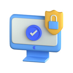 A 3D render of a blue computer screen with a verified checkmark and a golden security shield with a blue padlock