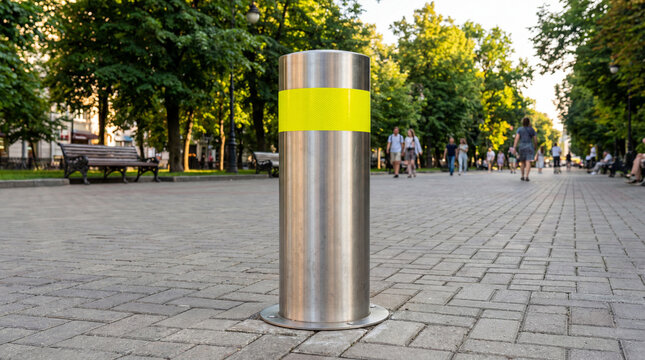 Stainless steel security bollard with yellow reflective band on pedestrian walkway in city park boulevard