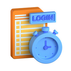 Obraz premium 3D visual of an orange document list with a blue stopwatch and a login button indicating user activity logs