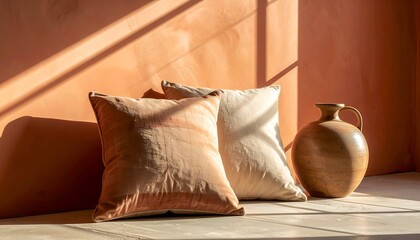 Two pillows and a jug bask in warm sunlight against a textured wall