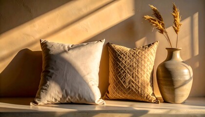 Soft pillows and vase with dried flowers bathed in warm sunlight