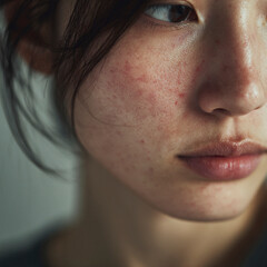 Close-up of young Japanese woman with skin problems, redness, and acne on cheek