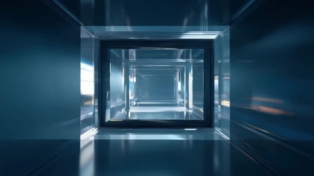 Futuristic glass corridor with repeating illuminated square frames creating depth and cool blue reflections, futuristic glass tunnel with reflective square frames and cool blue lighting creating