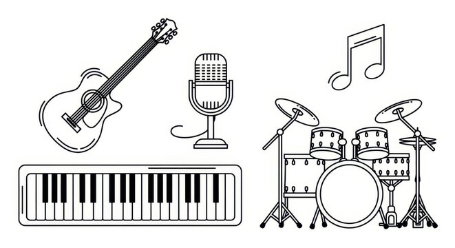 Musical Instruments Line Art: Guitar, Piano, Drums, Microphone, Music Notes