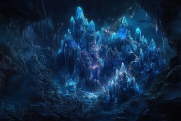 Obraz premium Intricate crystalline structures illuminate a dark cavern.