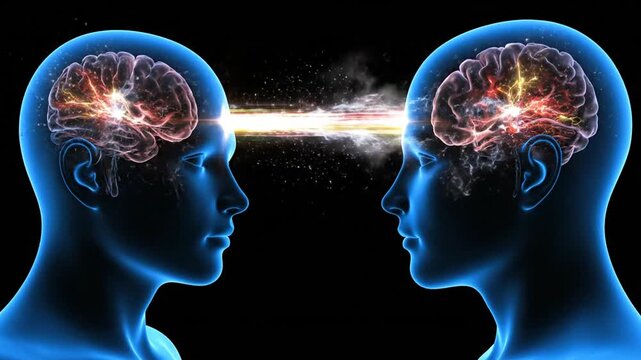 Two human heads facing each other with visible brains emitting a beam of light symbolizing mental connection and idea sharing