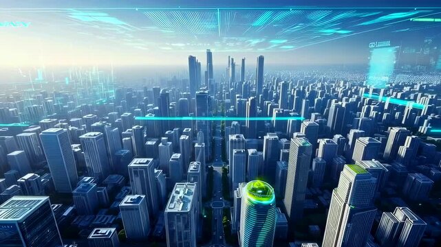 aerial smart city with holographic overlay showing traffic flows and sensor nodes, dense grid of highrises, connected infrastructure visualization for urban planning and mobility