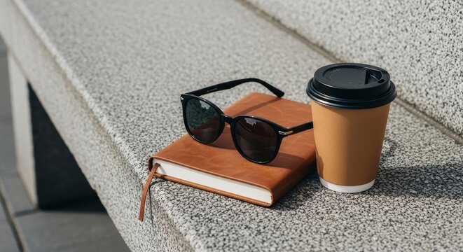 Coffee cup resting on book beside sunglasses suggesting relaxed urban lifestyle