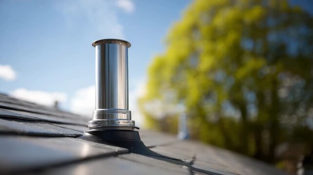 Stainless chimney vent metal roof vent rooftop pipe flashing seal roof detail exterior ventilation morning light blue sky blurred tree stainless steel roof vent metal ventilation pipe rooftop exhaust