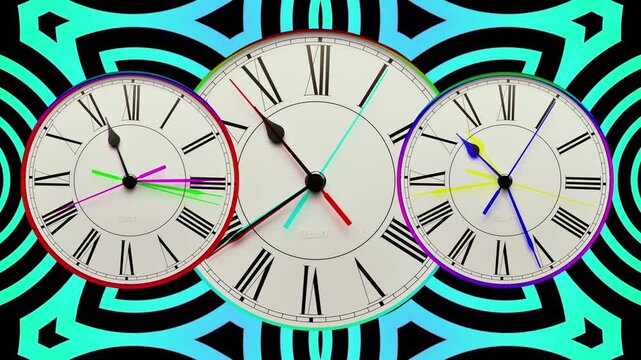 Psychedelic clock mixed shifting colors, passage of time lapsing with hypnotic kaleidoscope patterns. Clock with roman numerals.
